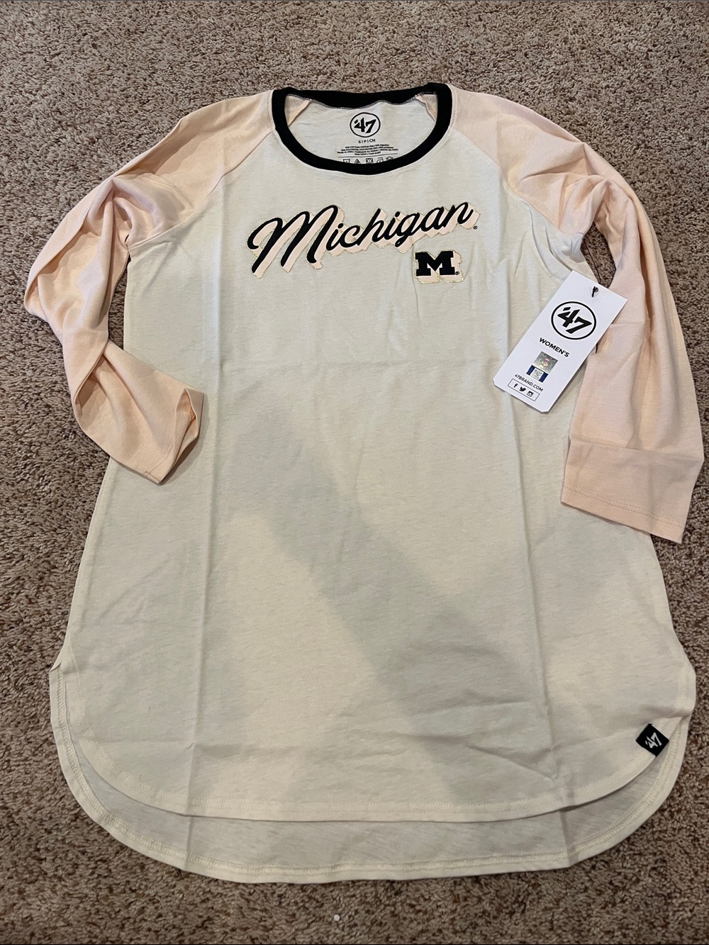 '47 Women's Michigan Raglan Tee - Cream Body with Light Pink Sleeves
